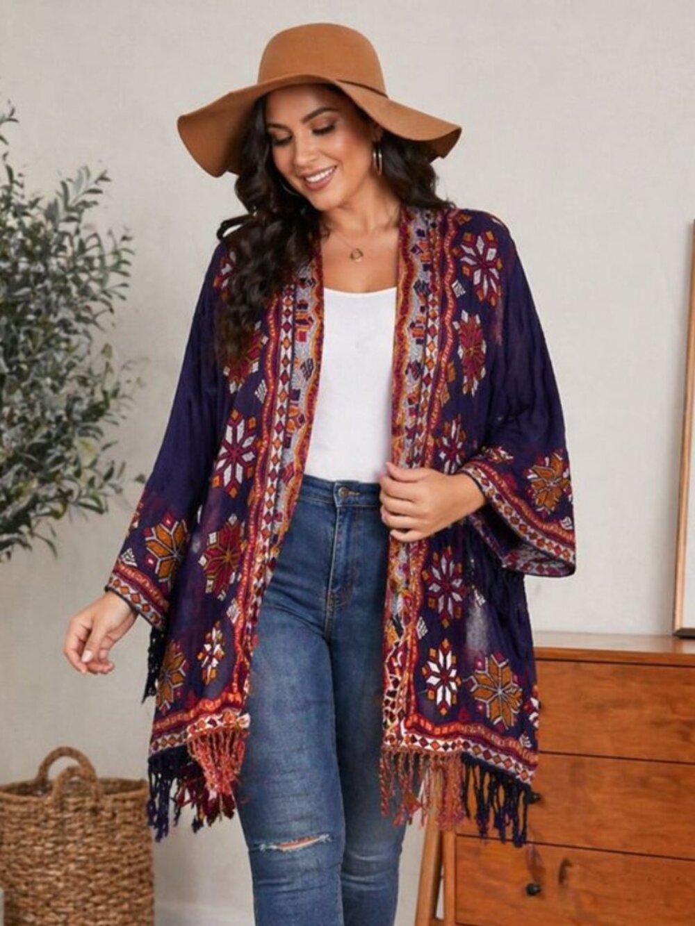 Time For Me Boho Cardigan M Large Aztec Southwestern Fringe Kimono Duster